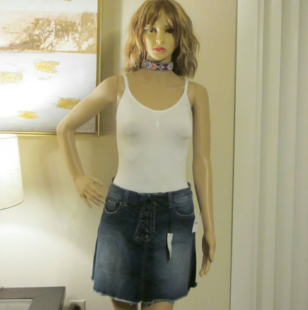 Lace Up Raw Hem Denim Mini Skirt - NWT